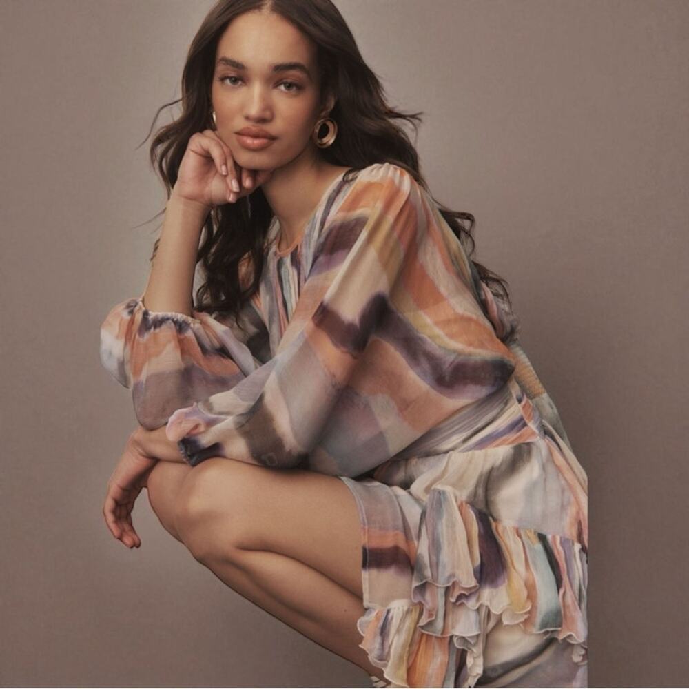 BHLDN Anthropologie Long Sleeve Chiffon Mini Dress Size Small - Picture 4 of 8